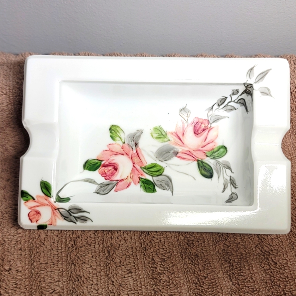 Italy White Glass Ashtray Hand Painted With Roses